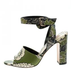 Pre Owned Valentino Green Printed Leather Ankle Strap Sandals Size 38.5