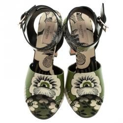 Pre Owned Valentino Green Printed Leather Ankle Strap Sandals Size 38.5