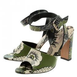 Pre Owned Valentino Green Printed Leather Ankle Strap Sandals Size 38.5