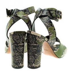 Pre Owned Valentino Green Printed Leather Ankle Strap Sandals Size 38.5