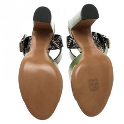 Pre Owned Valentino Green Printed Leather Ankle Strap Sandals Size 38.5