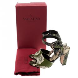 Pre Owned Valentino Green Printed Leather Ankle Strap Sandals Size 38.5