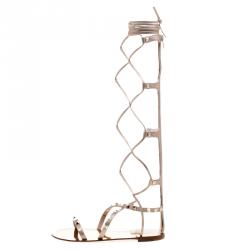 Pre Owned Valentino Metallic Bronze Leather Knee High Rockstud Gladiator Sandals Size 37