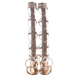 Pre Owned Valentino Metallic Bronze Leather Knee High Rockstud Gladiator Sandals Size 37