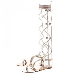 Pre Owned Valentino Metallic Bronze Leather Knee High Rockstud Gladiator Sandals Size 37