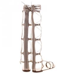 Pre Owned Valentino Metallic Bronze Leather Knee High Rockstud Gladiator Sandals Size 37