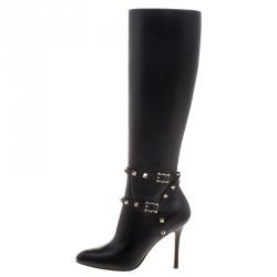 Pre Owned Valentino Black Leather Rockstud Knee Length Boots Size 37
