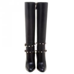 Pre Owned Valentino Black Leather Rockstud Knee Length Boots Size 37