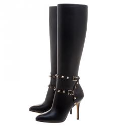 Pre Owned Valentino Black Leather Rockstud Knee Length Boots Size 37