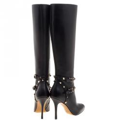 Pre Owned Valentino Black Leather Rockstud Knee Length Boots Size 37