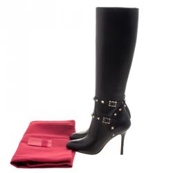 Pre Owned Valentino Black Leather Rockstud Knee Length Boots Size 37