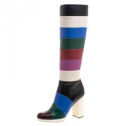 Pre Owned Valentino Multicolor Striped Leather Knee Boots Size 38