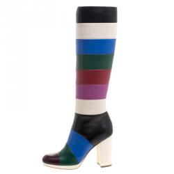 Pre Owned Valentino Multicolor Striped Leather Knee Boots Size 38