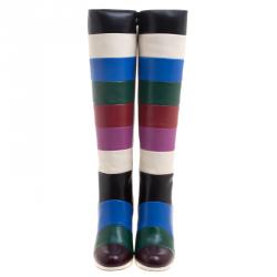 Pre Owned Valentino Multicolor Striped Leather Knee Boots Size 38