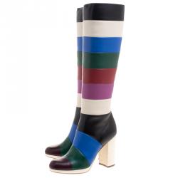 Pre Owned Valentino Multicolor Striped Leather Knee Boots Size 38