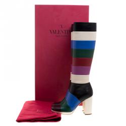 Pre Owned Valentino Multicolor Striped Leather Knee Boots Size 38