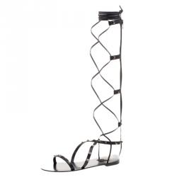 Pre Owned Valentino Black Leather Knee High Rockstud Gladiator Sandals Size 41
