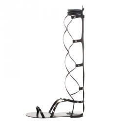 Pre Owned Valentino Black Leather Knee High Rockstud Gladiator Sandals Size 41