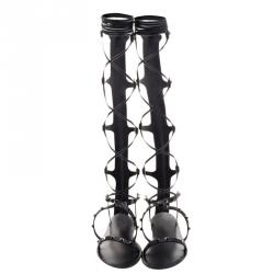 Pre Owned Valentino Black Leather Knee High Rockstud Gladiator Sandals Size 41
