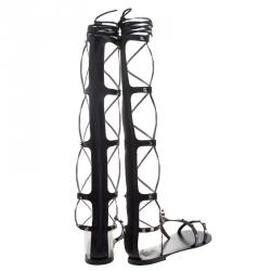 Pre Owned Valentino Black Leather Knee High Rockstud Gladiator Sandals Size 41