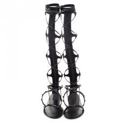 Pre Owned Valentino Black Leather Knee High Rockstud Gladiator Sandals Size 40.5