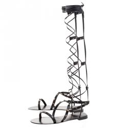 Pre Owned Valentino Black Leather Knee High Rockstud Gladiator Sandals Size 40.5