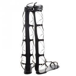 Pre Owned Valentino Black Leather Knee High Rockstud Gladiator Sandals Size 40.5