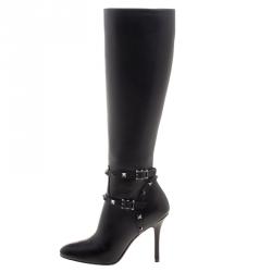 Pre Owned Valentino Black Leather Rockstud Knee Length Boots Size 37