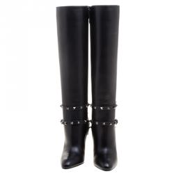 Pre Owned Valentino Black Leather Rockstud Knee Length Boots Size 37