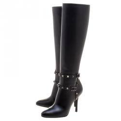 Pre Owned Valentino Black Leather Rockstud Knee Length Boots Size 37