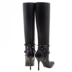 Pre Owned Valentino Black Leather Rockstud Knee Length Boots Size 37