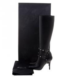 Pre Owned Valentino Black Leather Rockstud Knee Length Boots Size 37