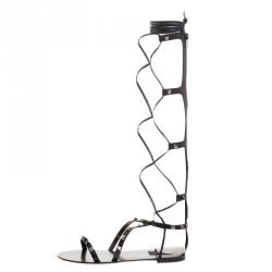 Pre Owned Valentino Black Leather Knee High Rockstud Gladiator Sandals Size 39