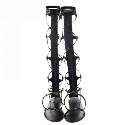 Pre Owned Valentino Black Leather Knee High Rockstud Gladiator Sandals Size 39