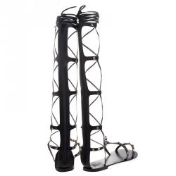 Pre Owned Valentino Black Leather Knee High Rockstud Gladiator Sandals Size 39