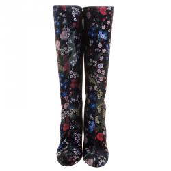 Pre Owned Valentino Black Spring Garden Brocade Knee Length Boots Size 39