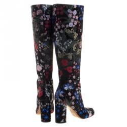 Pre Owned Valentino Black Spring Garden Brocade Knee Length Boots Size 39