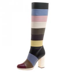 Pre Owned Valentino Multicolor Striped Leather Knee Boots Size 38