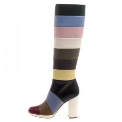 Pre Owned Valentino Multicolor Striped Leather Knee Boots Size 38