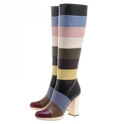 Pre Owned Valentino Multicolor Striped Leather Knee Boots Size 38