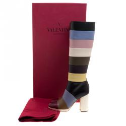 Pre Owned Valentino Multicolor Striped Leather Knee Boots Size 38