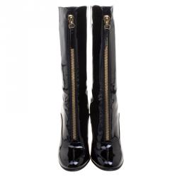 Pre Owned Valentino Black Patent Leather Zip Detail Mid Calf Boots Size 39.5