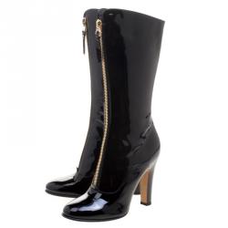 Pre Owned Valentino Black Patent Leather Zip Detail Mid Calf Boots Size 39.5