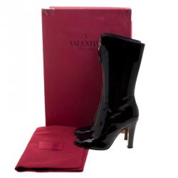 Pre Owned Valentino Black Patent Leather Zip Detail Mid Calf Boots Size 39.5