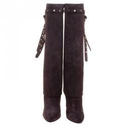 Pre Owned Valentino Brown Suede Rockstud Tie Foldover Knee Length Boots Size 39