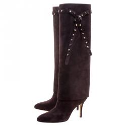 Pre Owned Valentino Brown Suede Rockstud Tie Foldover Knee Length Boots Size 39