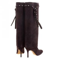 Pre Owned Valentino Brown Suede Rockstud Tie Foldover Knee Length Boots Size 39