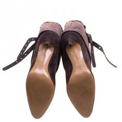 Pre Owned Valentino Brown Suede Rockstud Tie Foldover Knee Length Boots Size 39