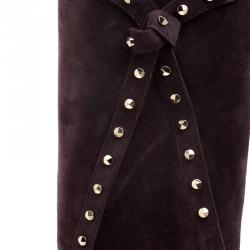 Pre Owned Valentino Brown Suede Rockstud Tie Foldover Knee Length Boots Size 39