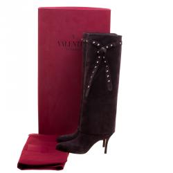 Pre Owned Valentino Brown Suede Rockstud Tie Foldover Knee Length Boots Size 39